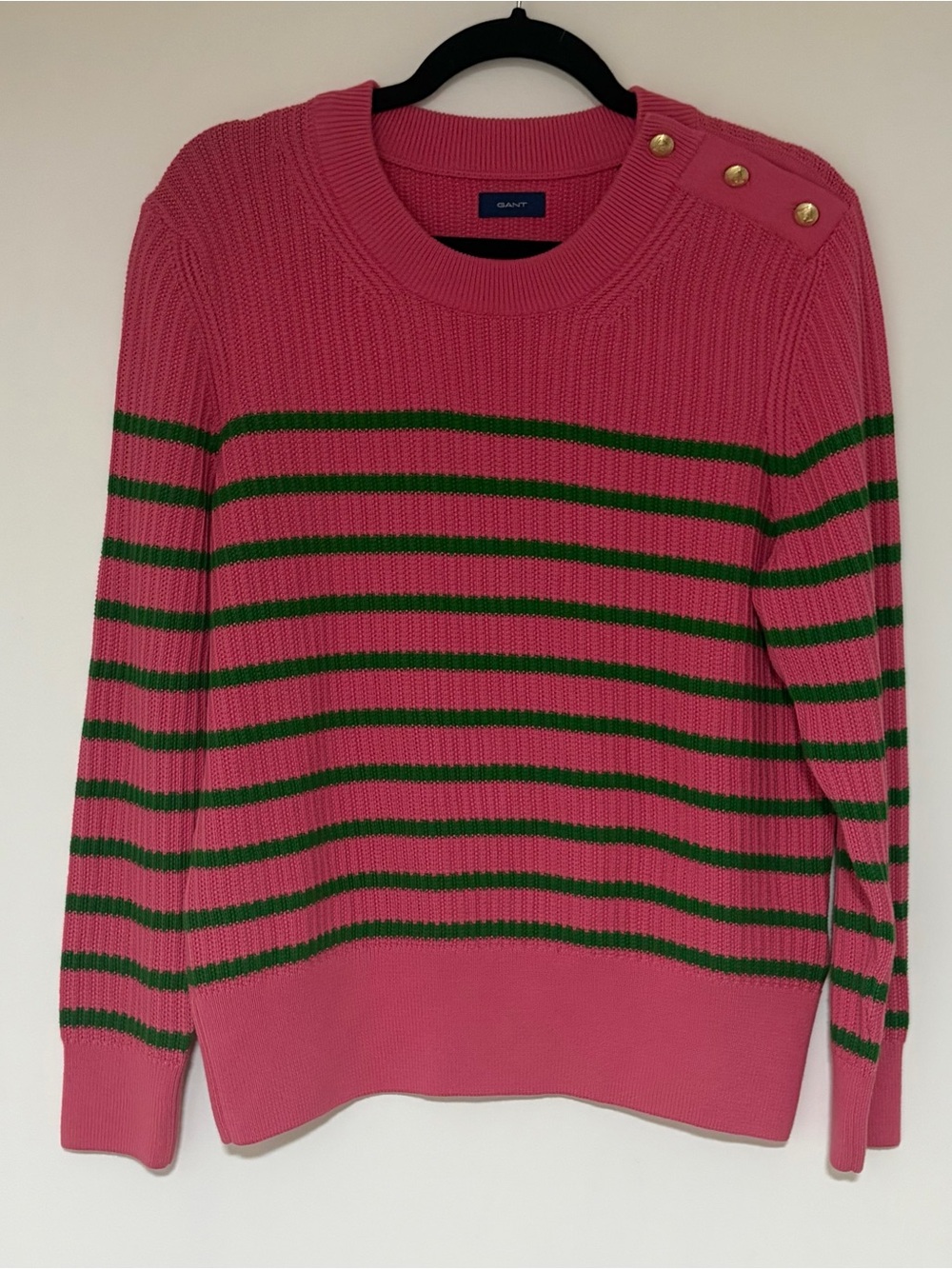 Gant Women’s Pink Green Stripe Rib 100% Organic Cotton Sweater Size Medium NWT
